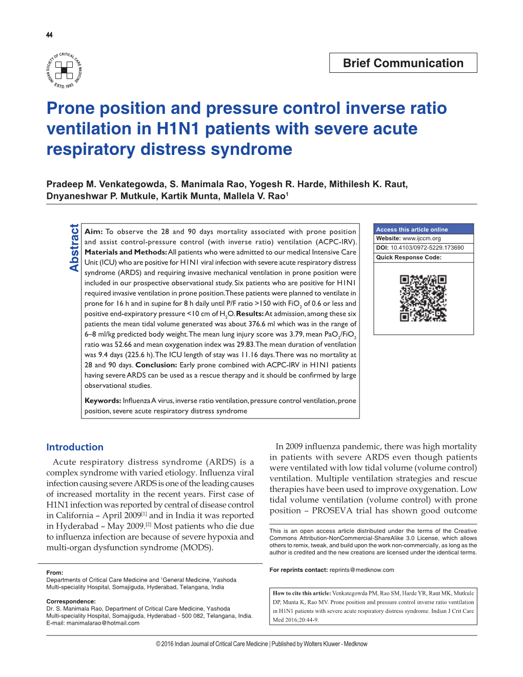 Prone Position and Pressure Control Inverse Ratio Ventilation in H1N1 Patients with Severe Acute Respiratory Distress Syndrome