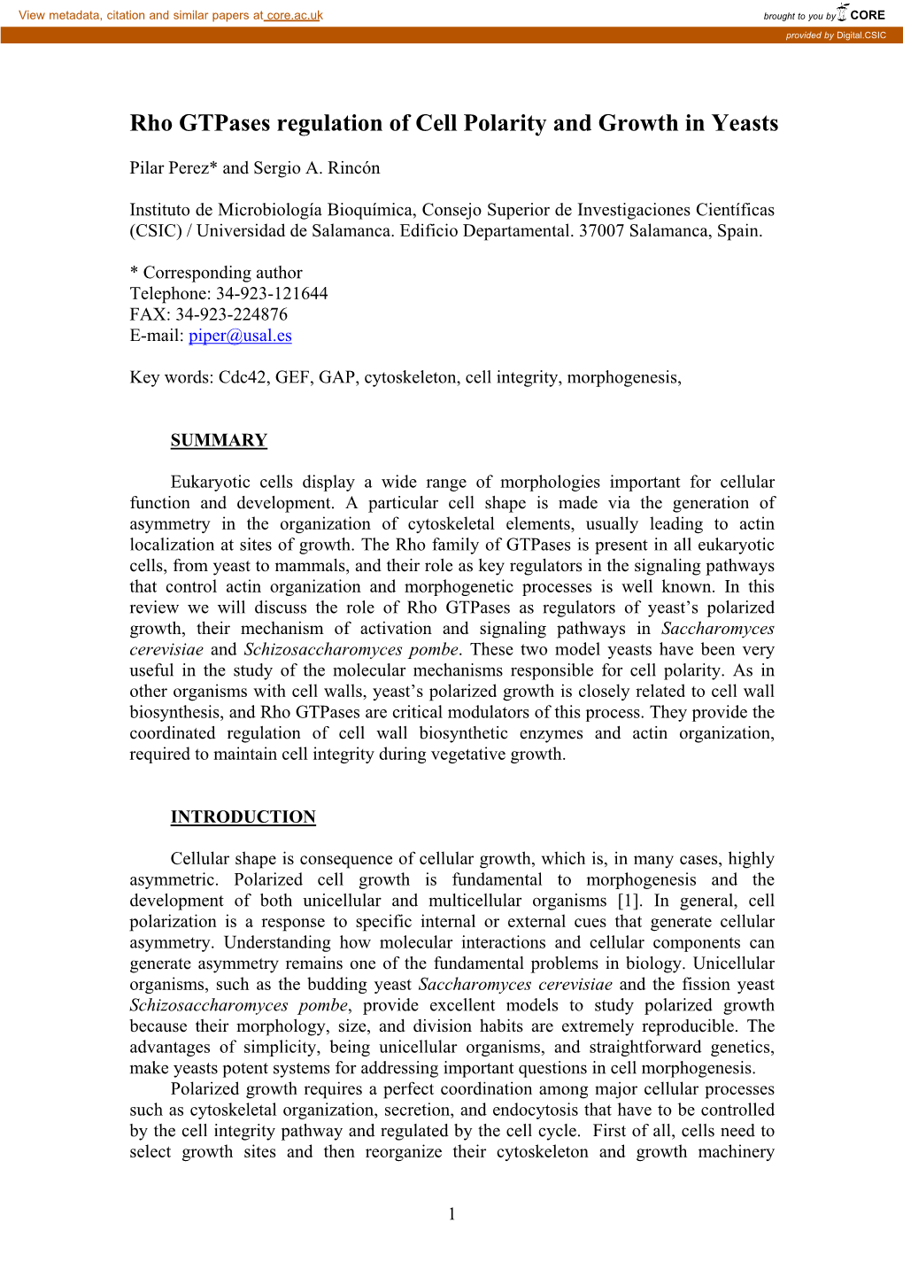 Rho Gtpases Regulation of Cell Polarity and Growth in Yeasts