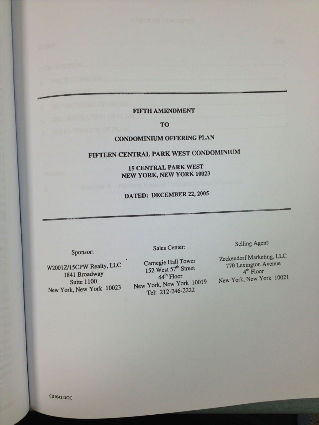 Fifth Amendment to Condominium Offering Plan Fifteen Central Park West Condominium 15 Central Park West New York, New York 10023