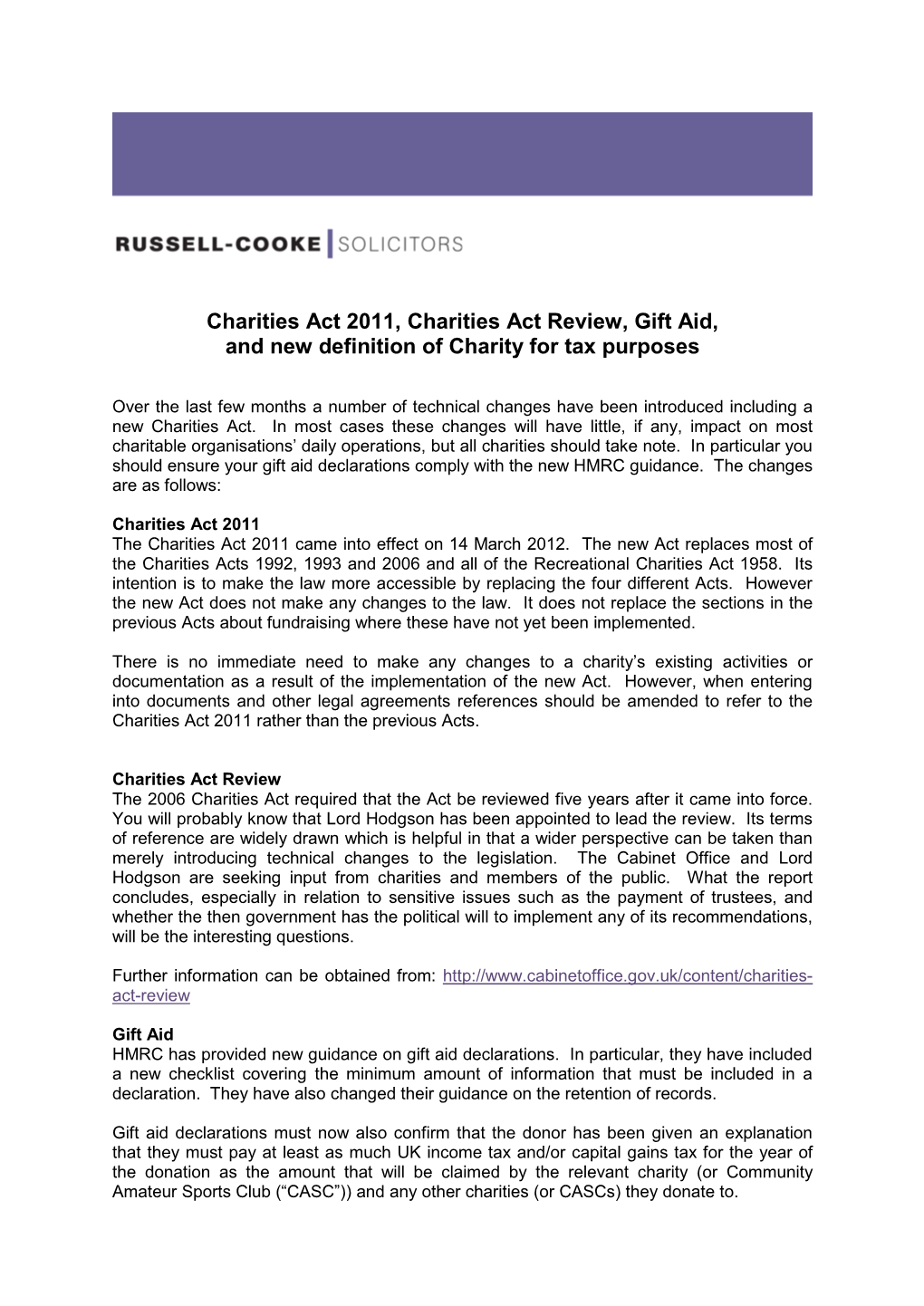 Charities Act 2011, Charities Act Review, Gift Aid, and New Definition of Charity for Tax Purposes