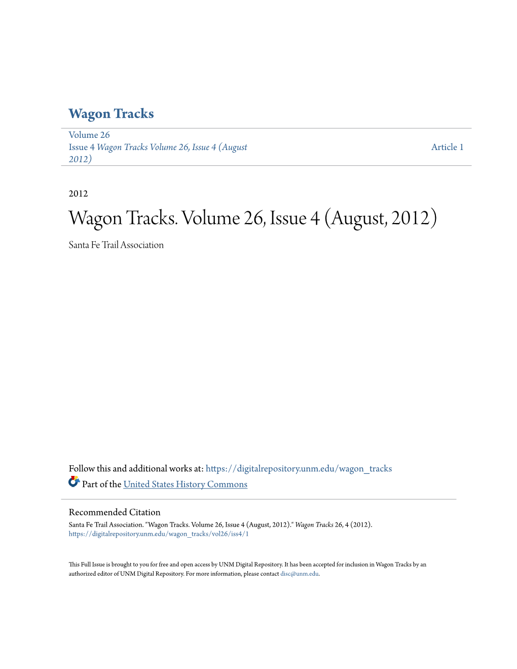 Wagon Tracks. Volume 26, Issue 4 (August, 2012) Santa Fe Trail Association