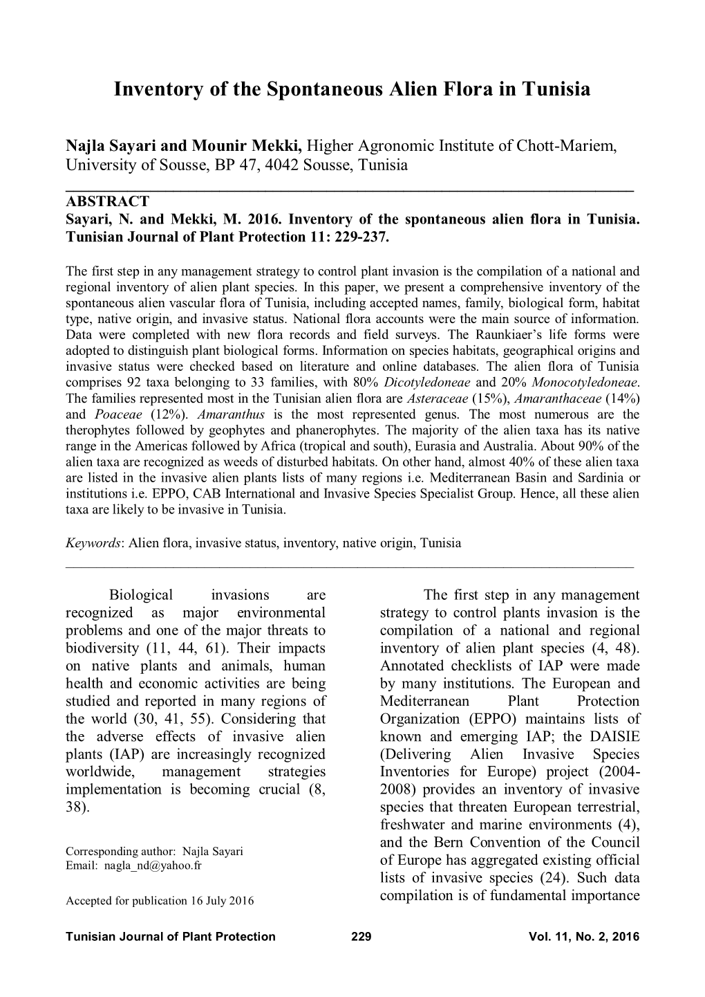 Inventory of the Spontaneous Alien Flora in Tunisia