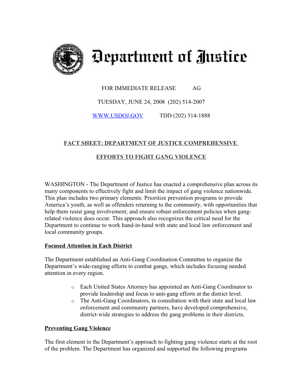 Fact Sheet: Department of Justice Comprehensive