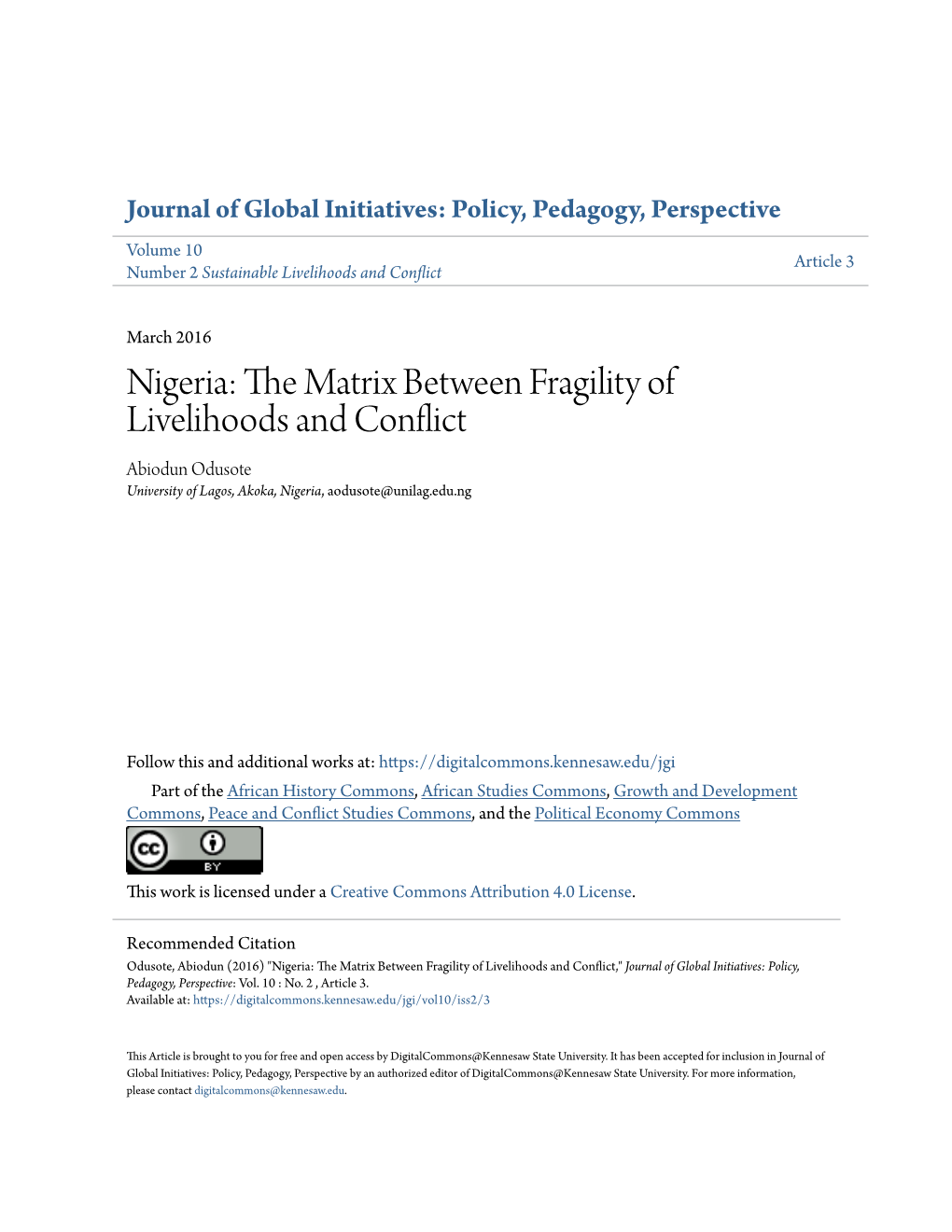 Nigeria: the Matrix Between Fragility of Livelihoods and Conflict