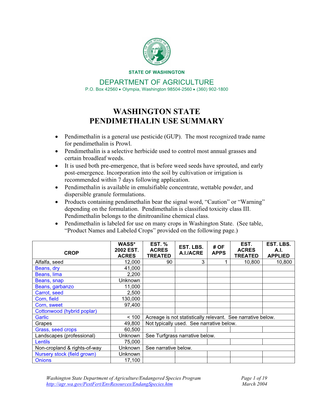 Washington State Pendimethalin Use Summary