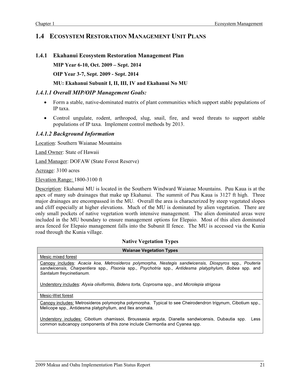 2009 Status Report for the Makua and Oahu Implementation Plans