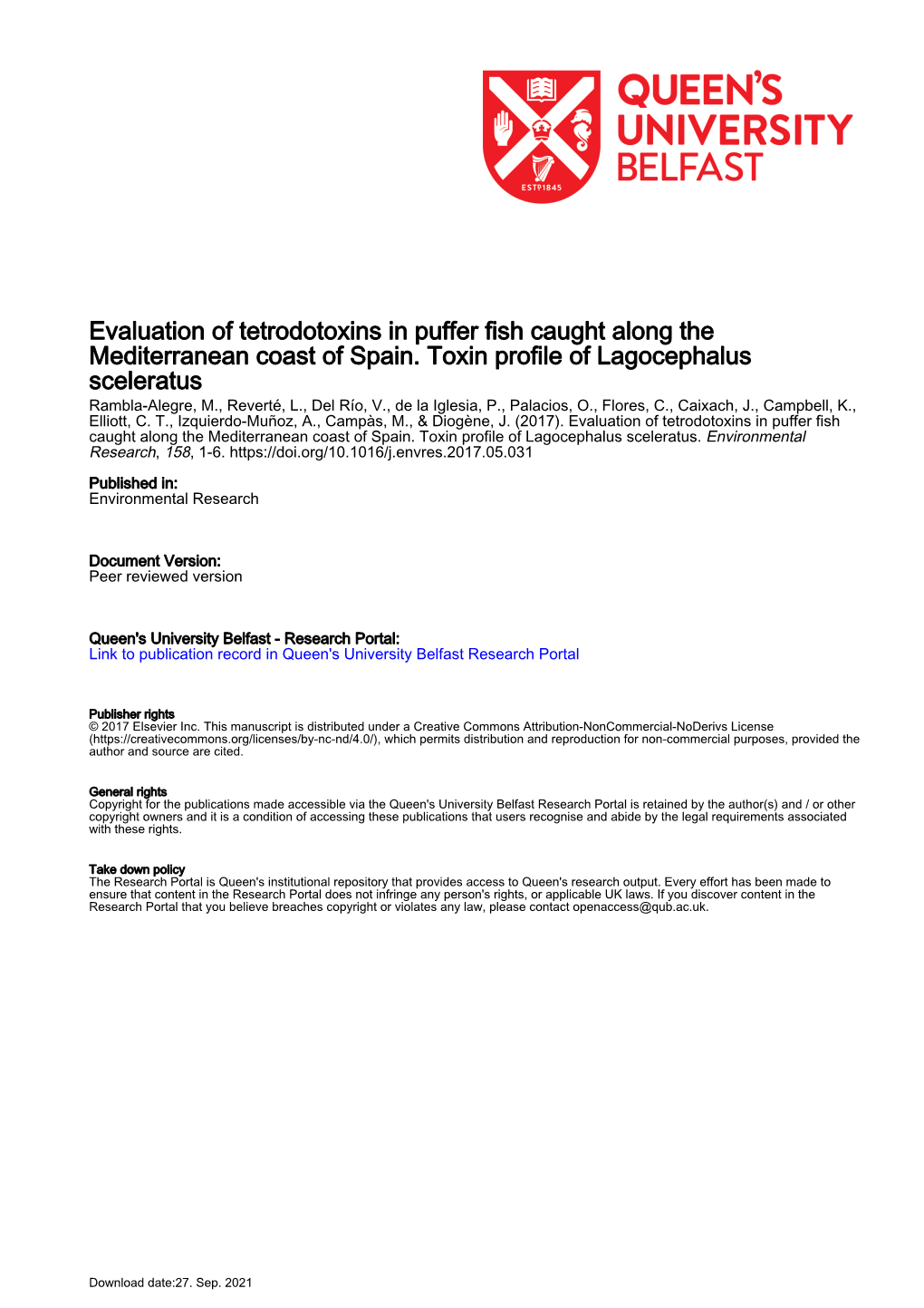 Evaluation of Tetrodotoxins in Puffer Fish Caught Along the Mediterranean Coast of Spain