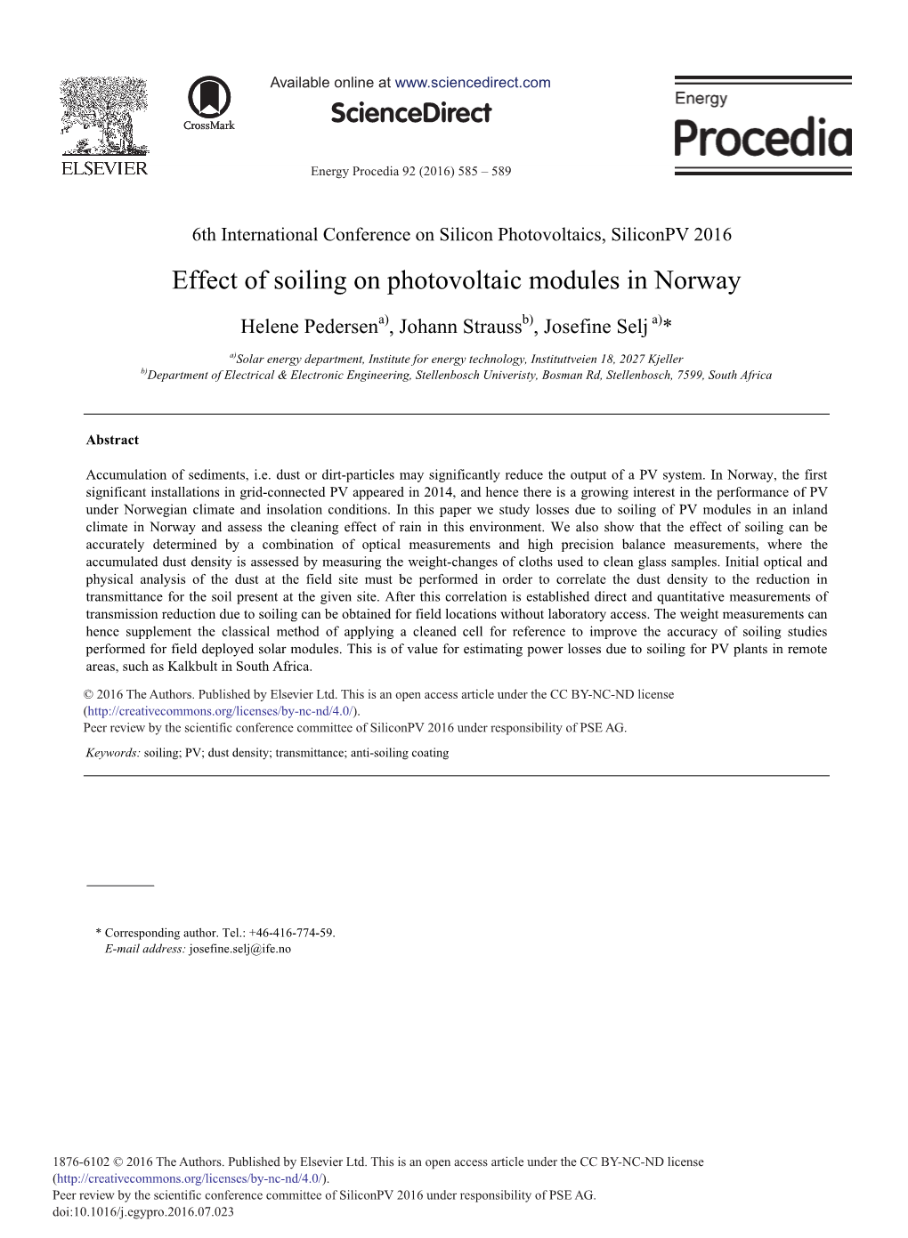 Effect of Soiling on Photovoltaic Modules in Norway