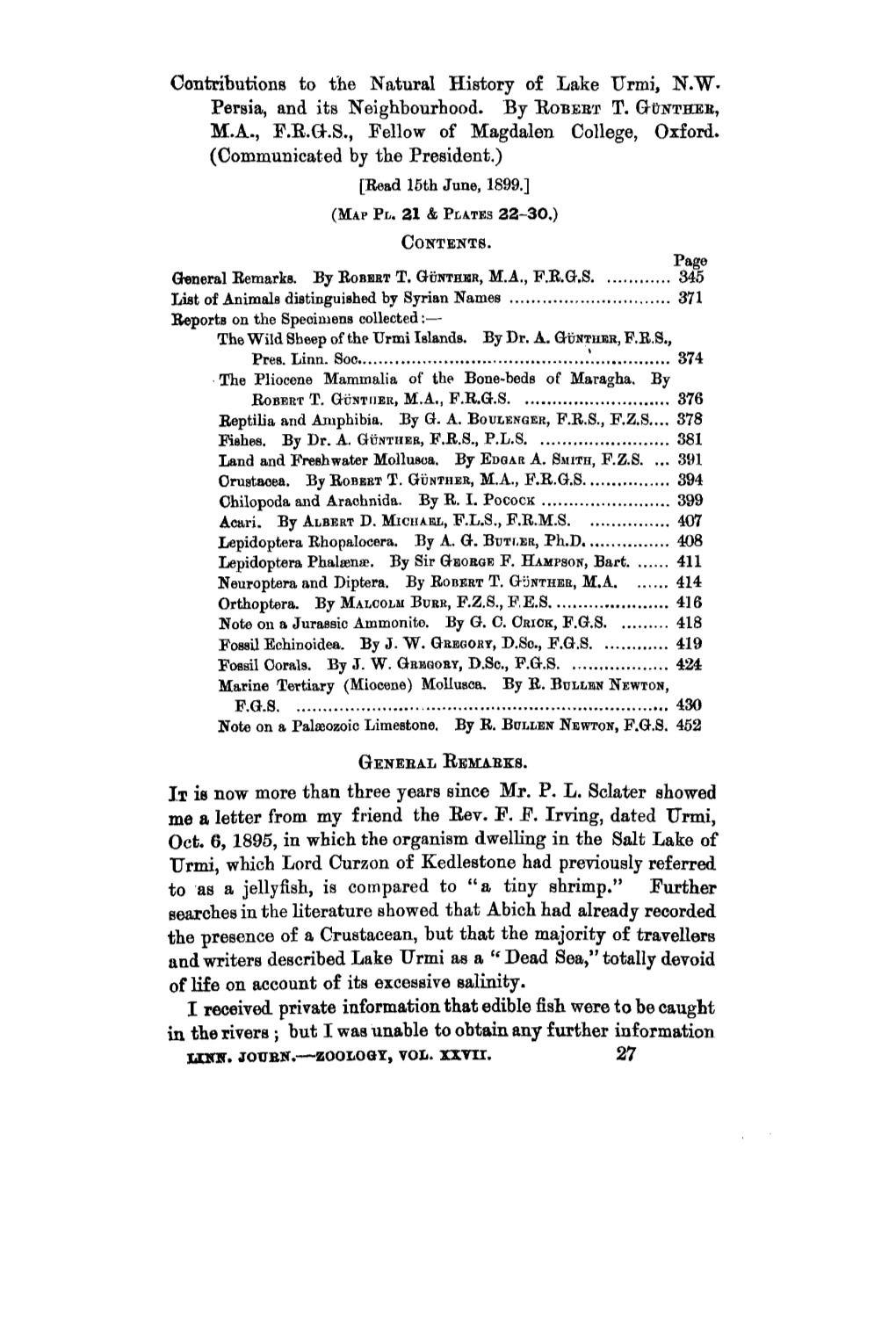 Contributions to the Natural History of Lake Urmi, N.W. Persia, and Its Neighbourhood