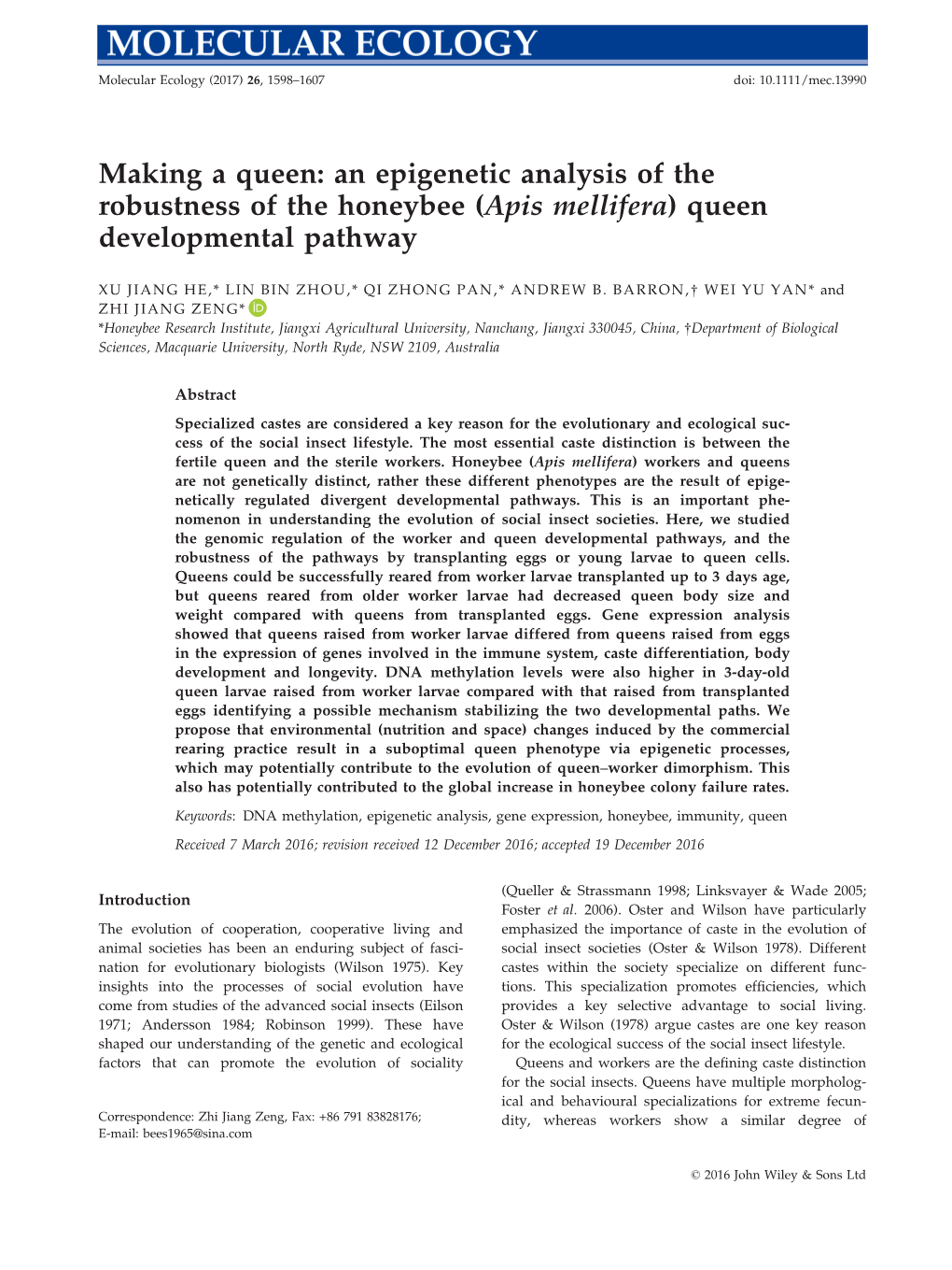 An Epigenetic Analysis of the Robustness of the Honeybee (Apis Mellifera) Queen Developmental Pathway