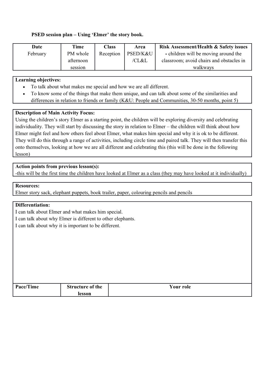 PSED Session Plan Using Elmer the Story Book