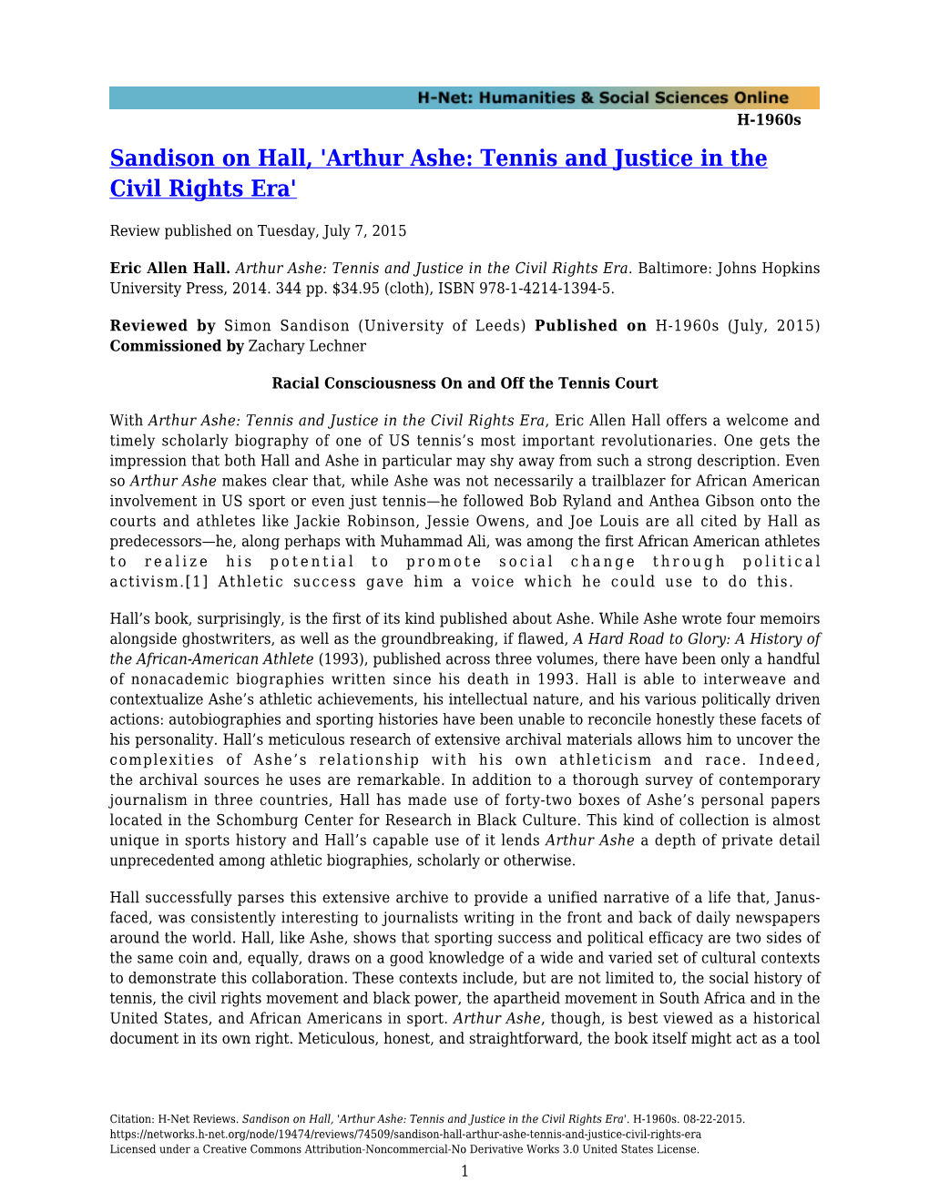 Sandison on Hall, 'Arthur Ashe: Tennis and Justice in the Civil Rights Era'