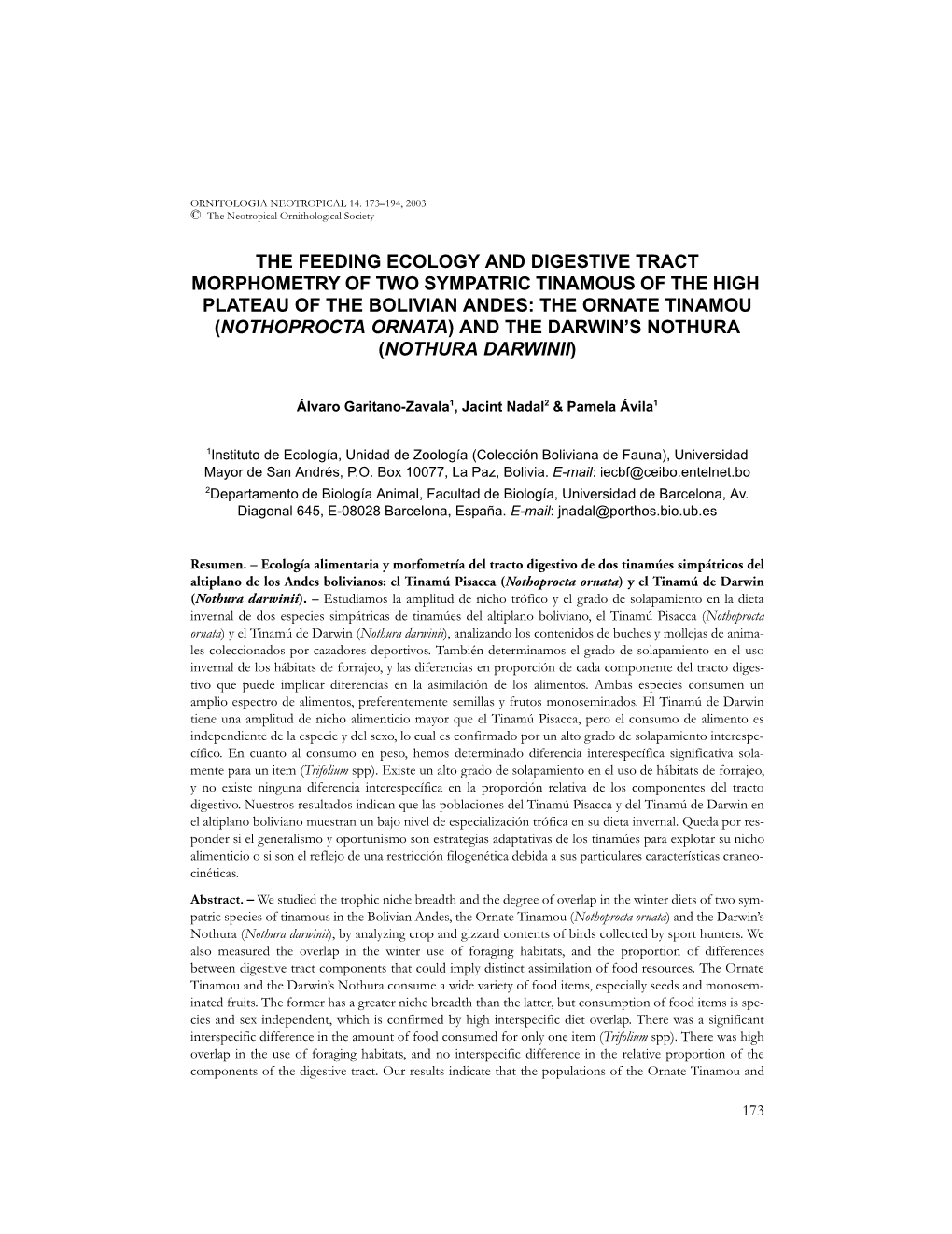 The Feeding Ecology and Digestive Tract Morphometry of Two Sympatric Tinamous of the High Plateau of the Bolivian Andes: The