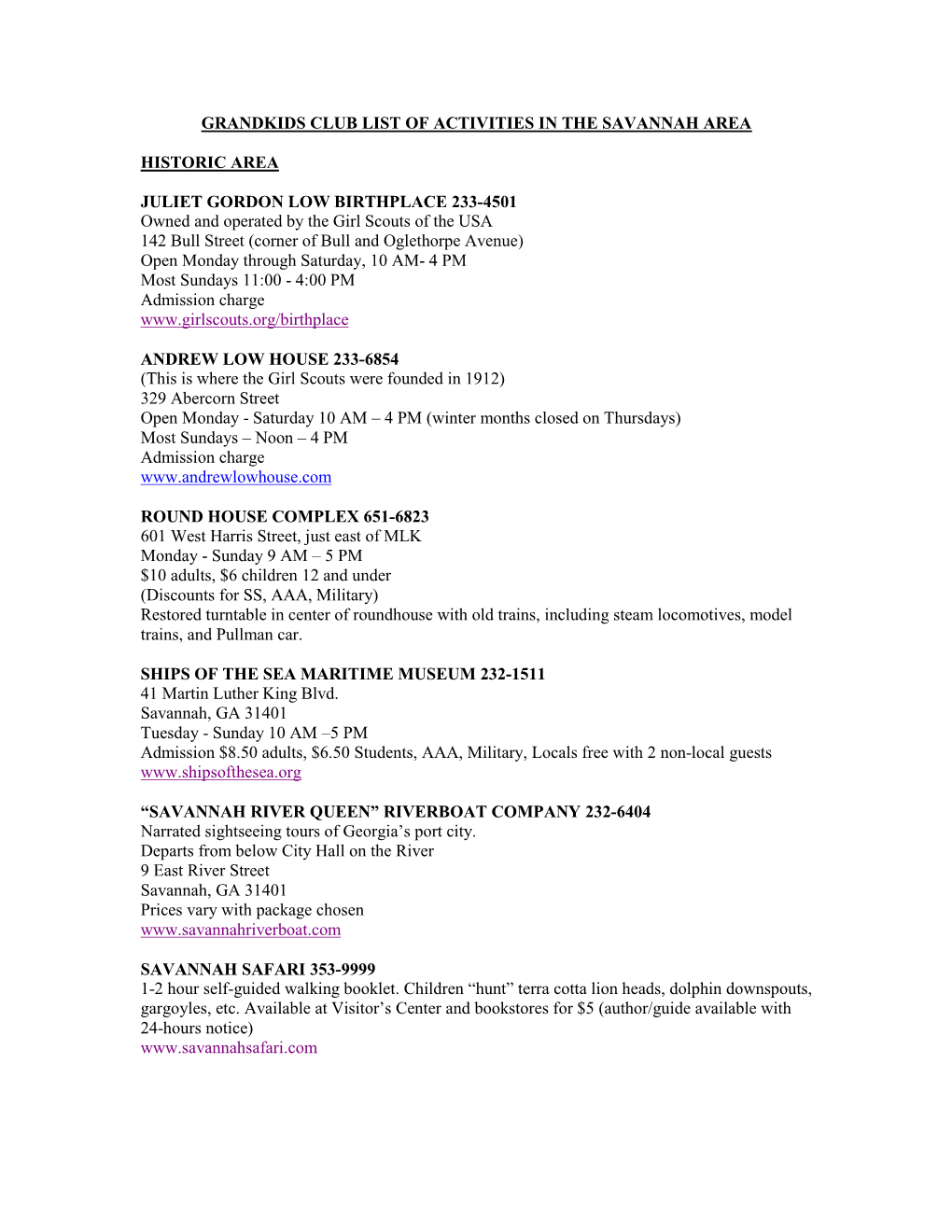 Grandkids Club List of Activities in the Savannah Area