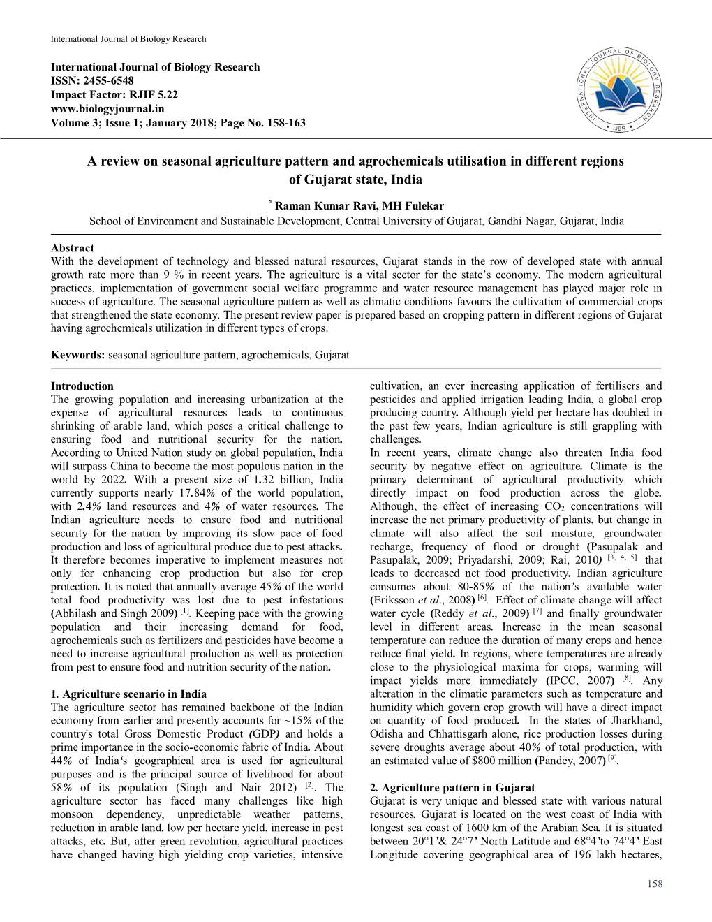 A Review on Seasonal Agriculture Pattern and Agrochemicals Utilisation in Different Regions of Gujarat State, India