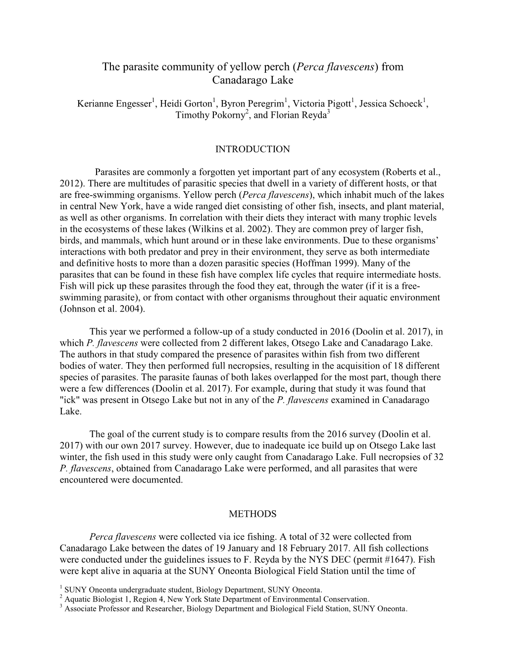 The Parasite Community of Yellow Perch (Perca Flavescens) from Canadarago Lake