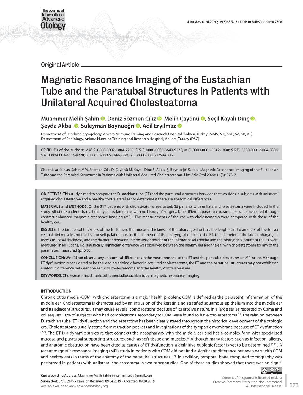 Magnetic Resonance Imaging of the Eustachian Tube and the Paratubal Structures in Patients with Unilateral Acquired Cholesteatoma