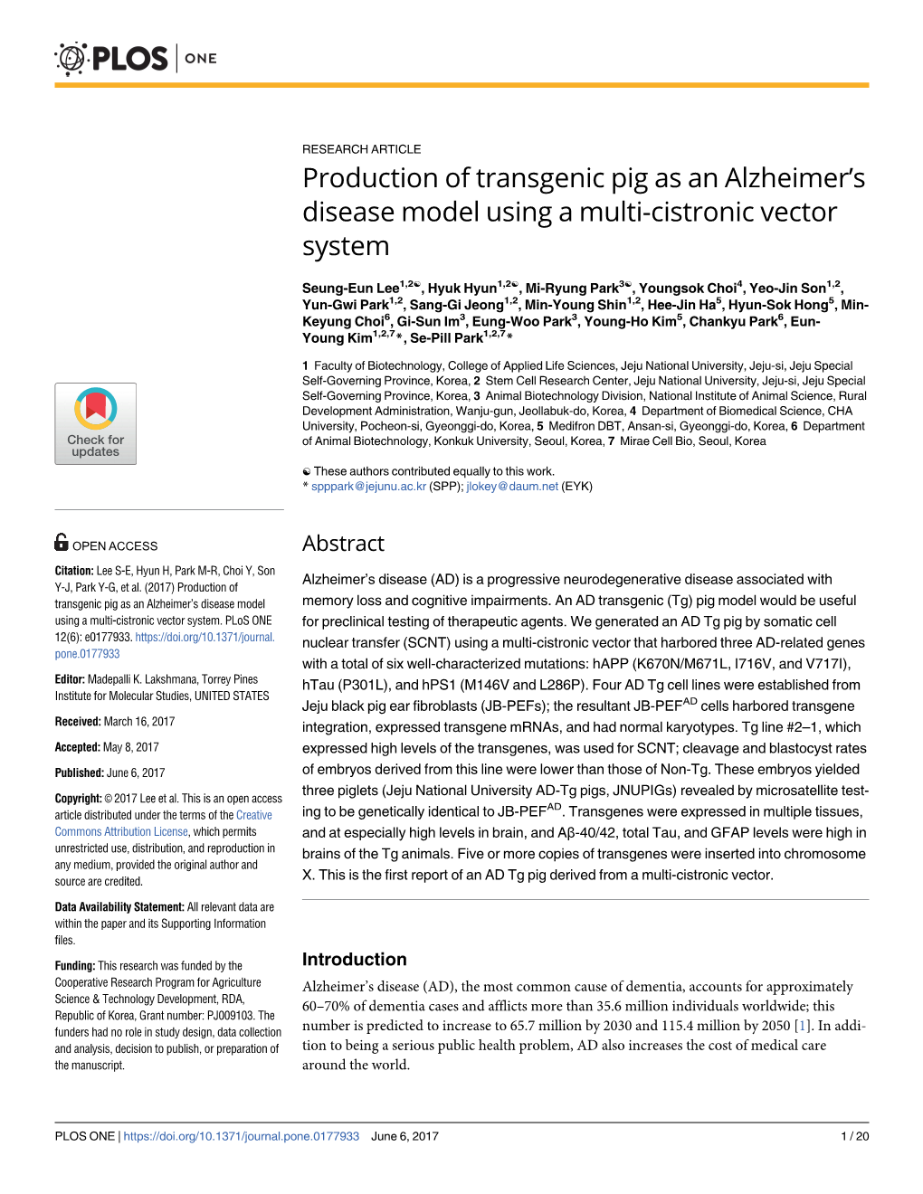 Production of Transgenic Pig As an Alzheimer's Disease Model Using A