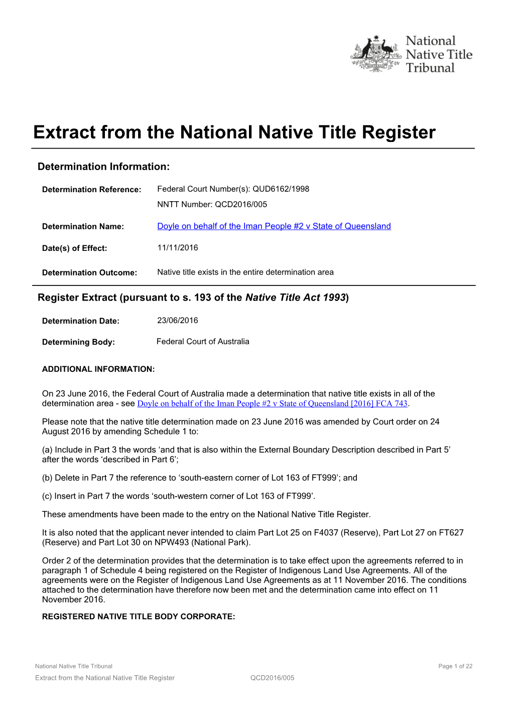 Extract from the National Native Title Register