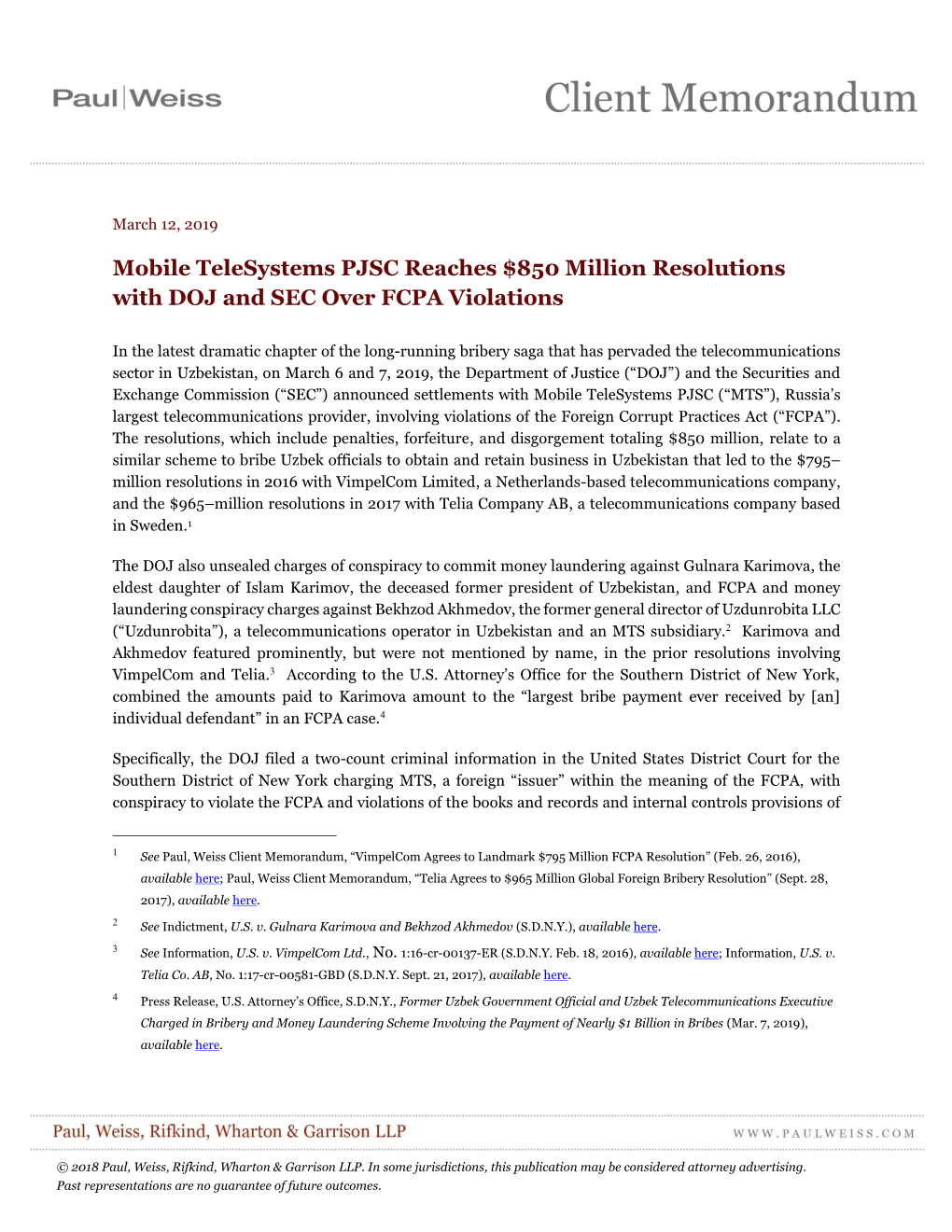 Mobile Telesystems PJSC Reaches $850 Million Resolutions with DOJ and SEC Over FCPA Violations