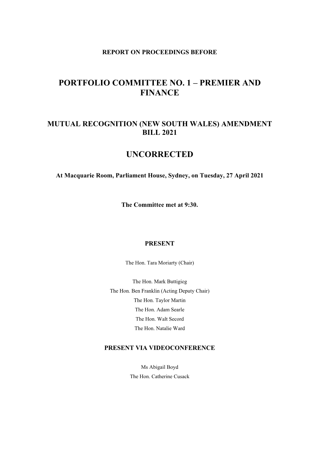 Portfolio Committee No. 1 – Premier and Finance