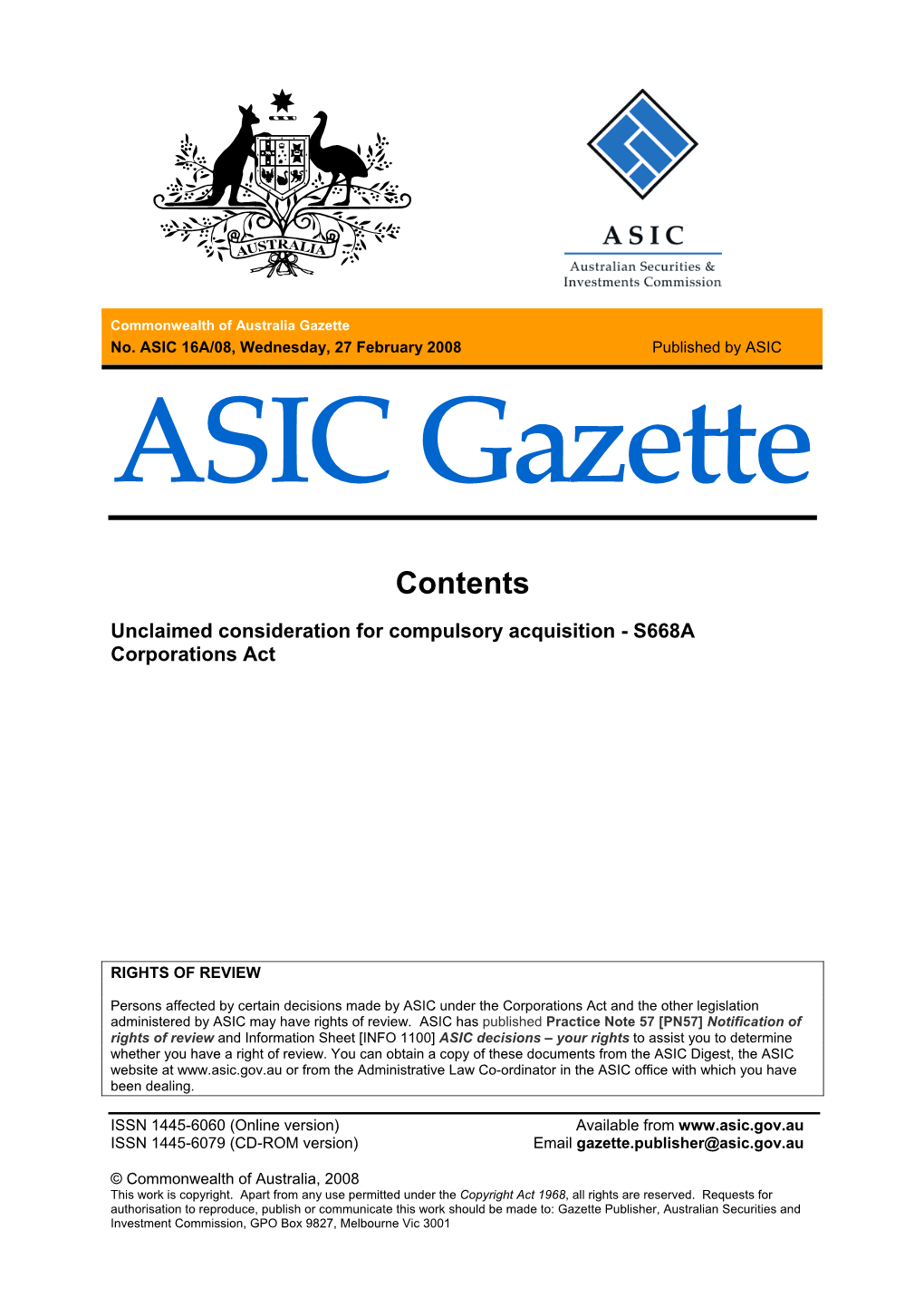 Commonwealth of Australia ASIC Gazette 16A/08 Dated 27 February 2008