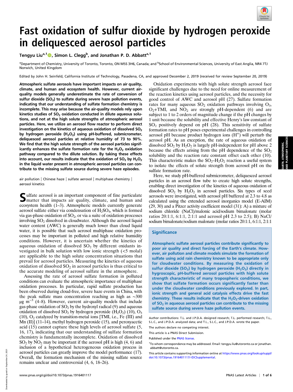 Fast Oxidation of Sulfur Dioxide by Hydrogen Peroxide in Deliquesced Aerosol Particles