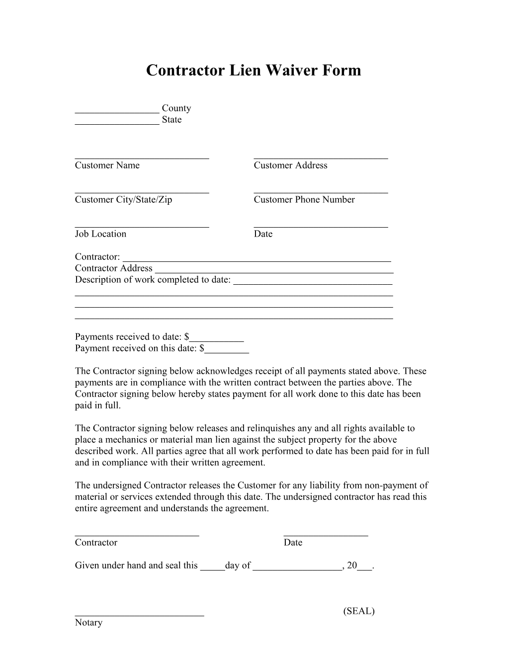 Contractor Lien Waiver