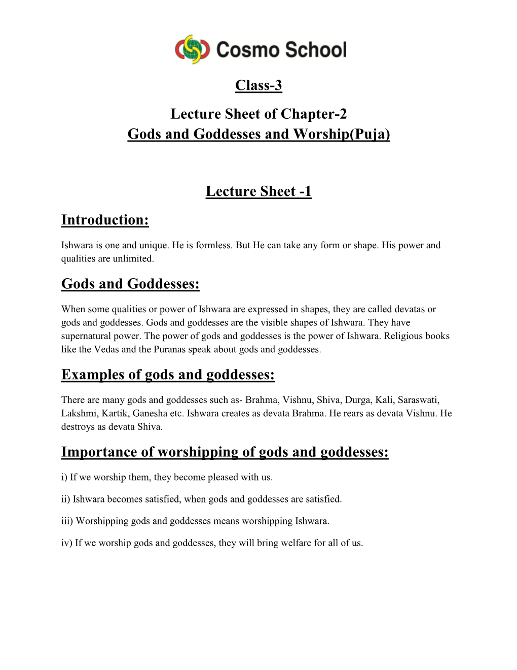 Class-3 Lecture Sheet of Chapter-2 Gods and Goddesses and Worship(Puja)