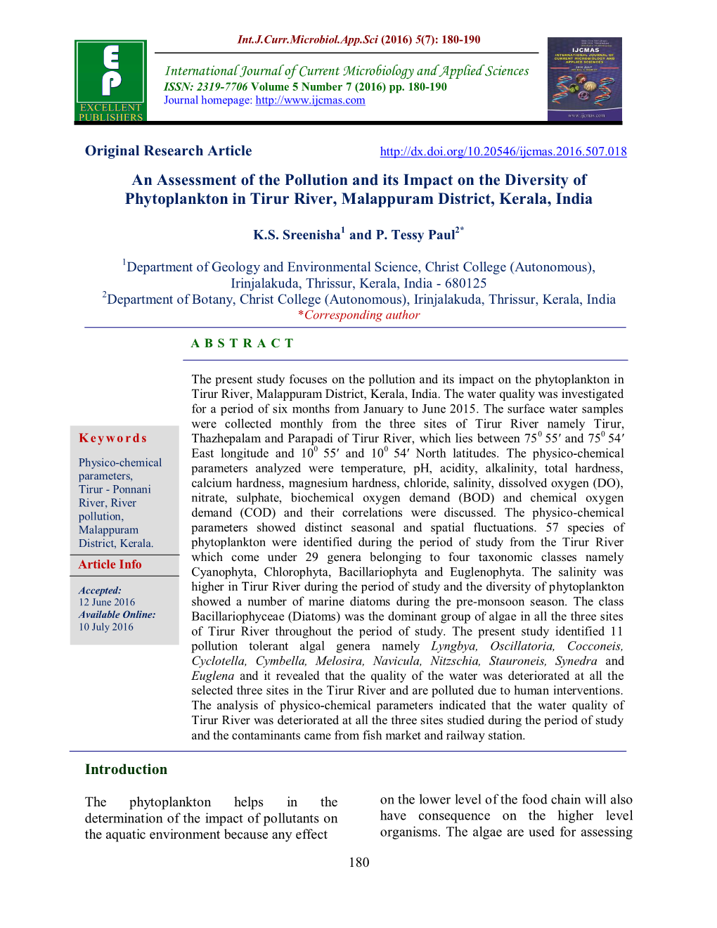 An Assessment of the Pollution and Its Impact on the Diversity of Phytoplankton in Tirur River, Malappuram District, Kerala, India