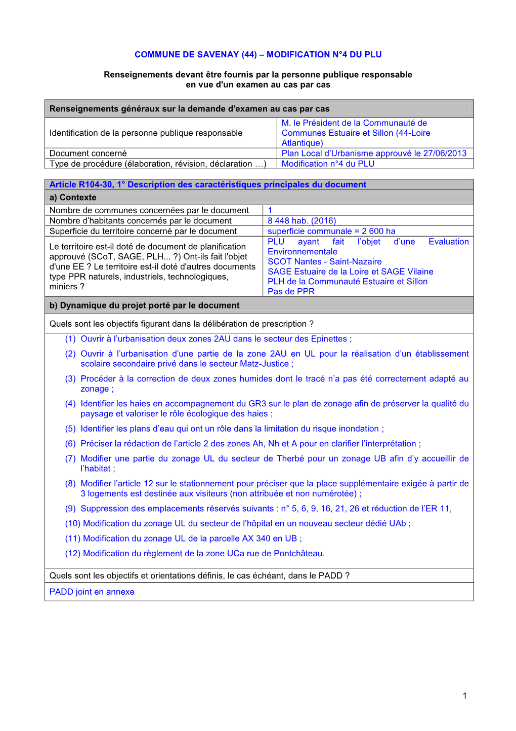 1 Commune De Savenay (44) – Modification N°4 Du Plu