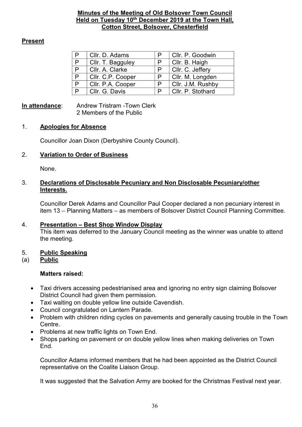 Minutes of the Meeting of Old Bolsover Town Council Held on Tuesday 10Th December 2019 at the Town Hall, Cotton Street, Bolsover, Chesterfield