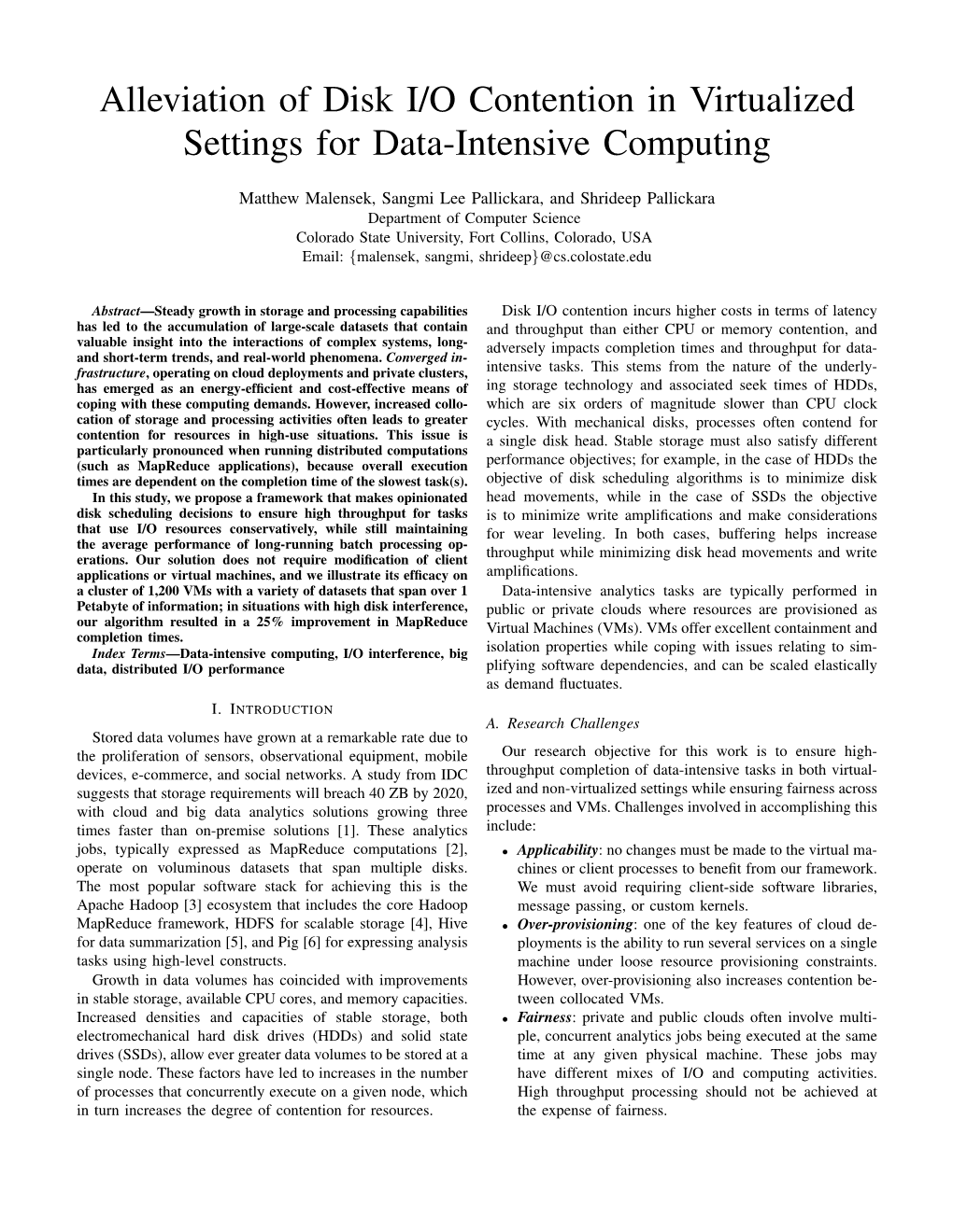 Alleviation of Disk I/O Contention in Virtualized Settings for Data-Intensive Computing