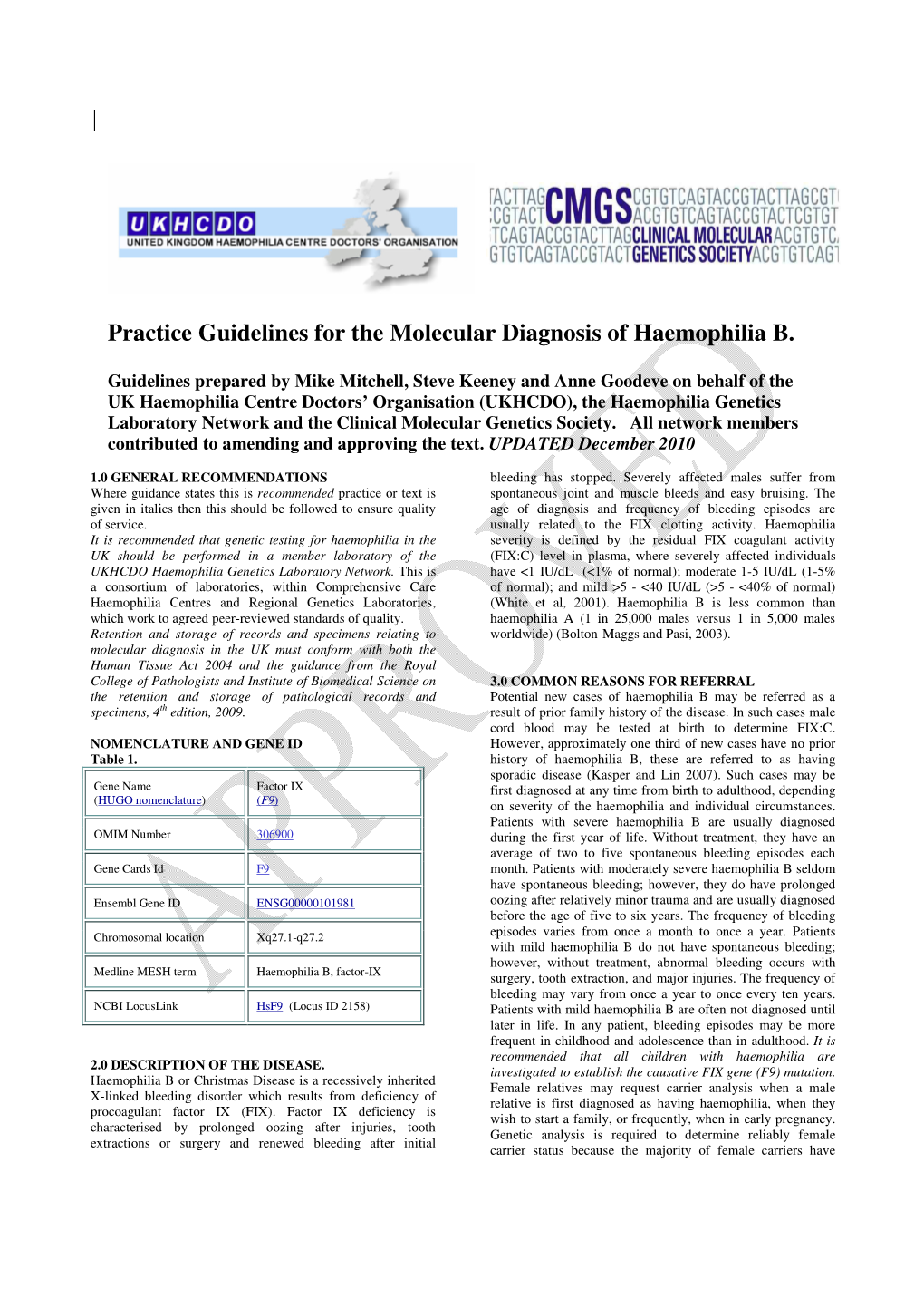 Practice Guidelines for the Molecular Diagnosis of Haemophilia B