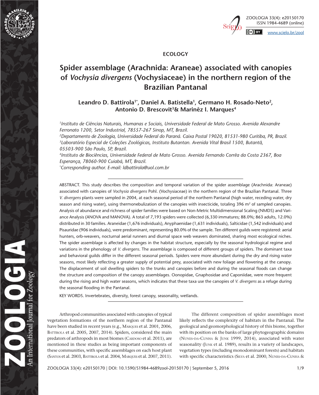 (Arachnida: Araneae) Associated with Canopies of Vochysia Divergens (Vochysiaceae) in the Northern Region of the Brazilian Pantanal