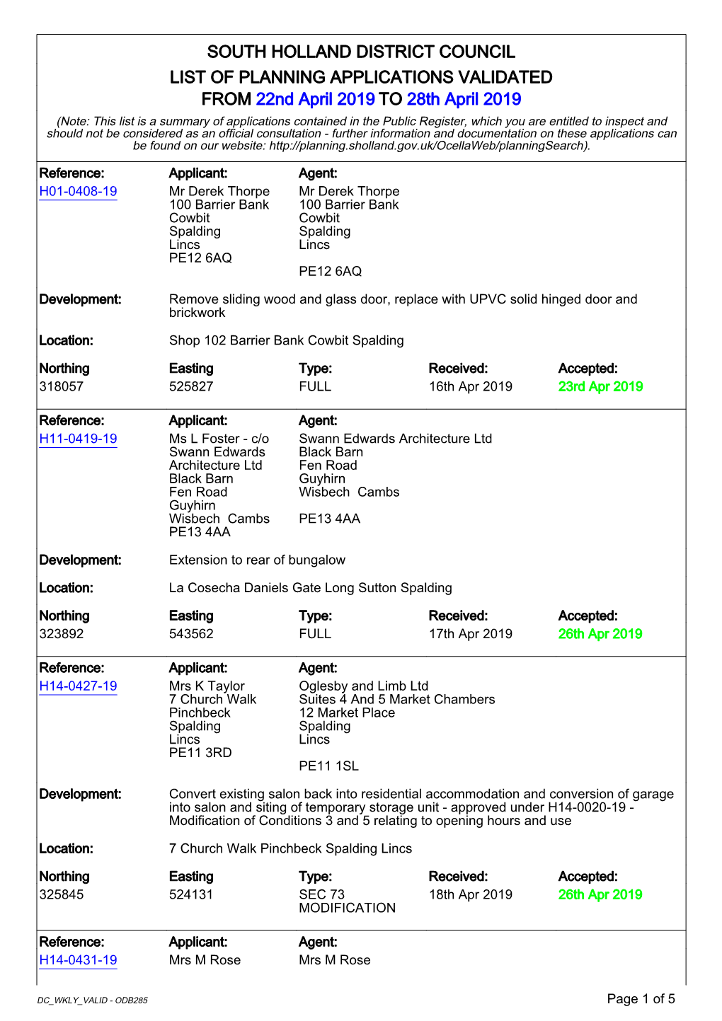 SOUTH HOLLAND DISTRICT COUNCIL LIST of PLANNING APPLICATIONS VALIDATED from 22Nd April 2019 to 28Th April 2019