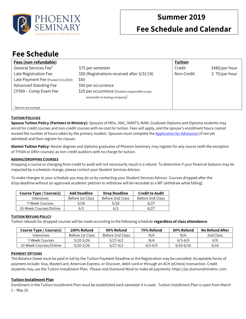 Summer 2019 Fee Schedule and Calendar