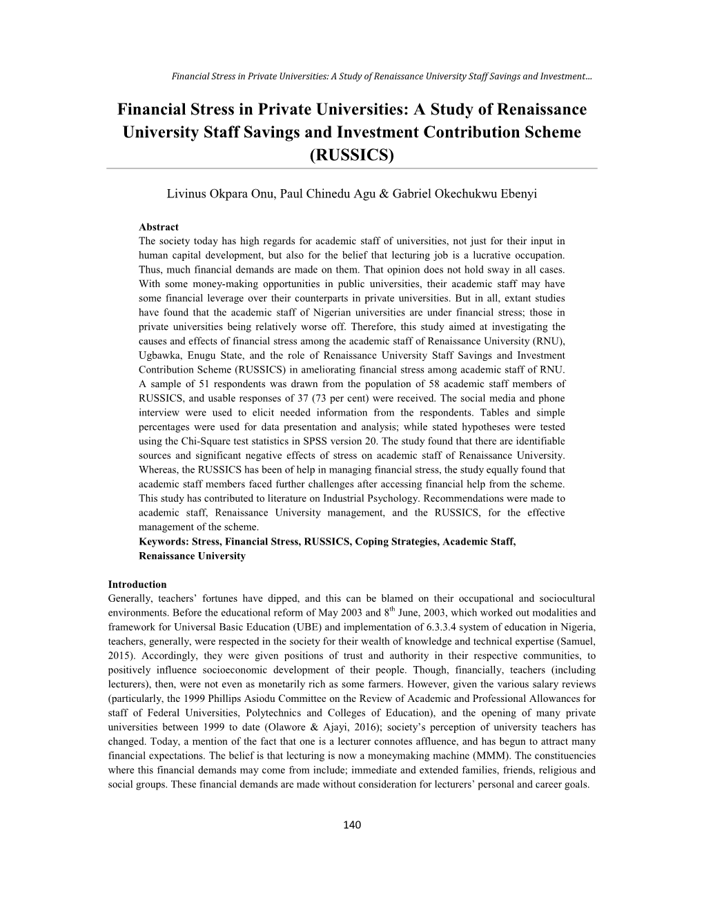 Financial Stress in Private Universities: a Study of Renaissance University Staff Savings and Investment…