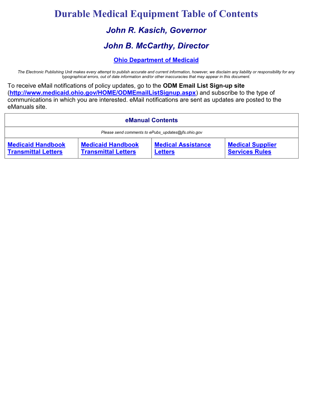 Durable Medical Equipment Table of Contents John R