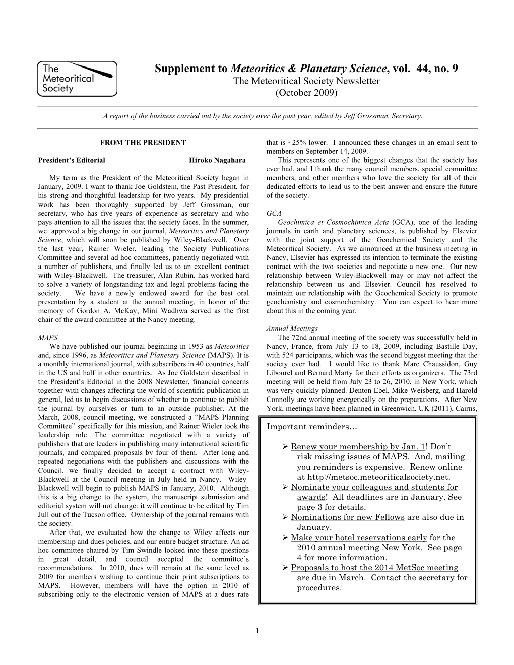 Supplement to Meteoritics & Planetary Science, Vol. 44, No. 9