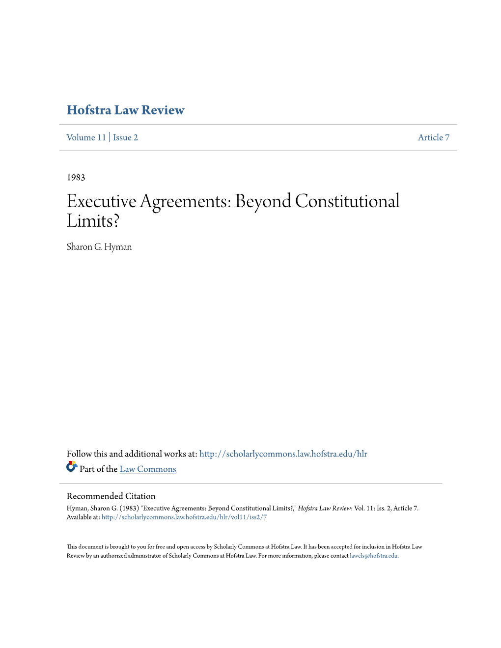Executive Agreements: Beyond Constitutional Limits? Sharon G