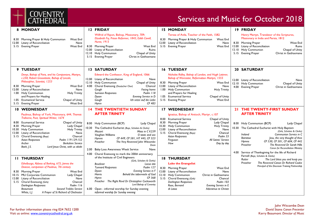 Services and Music for October 2018