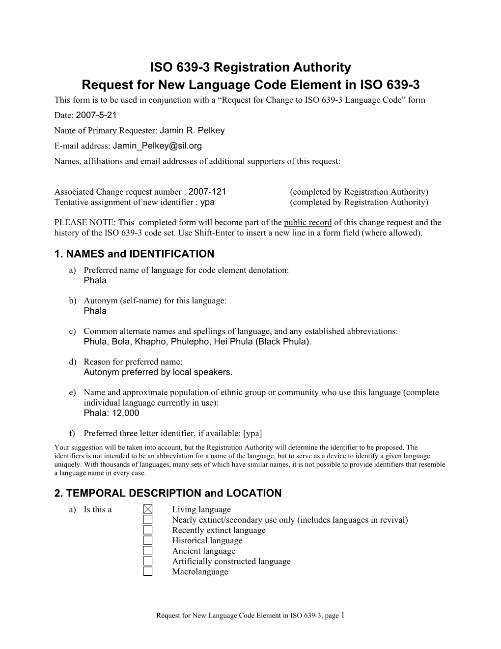 ISO 639-3 New Code Request