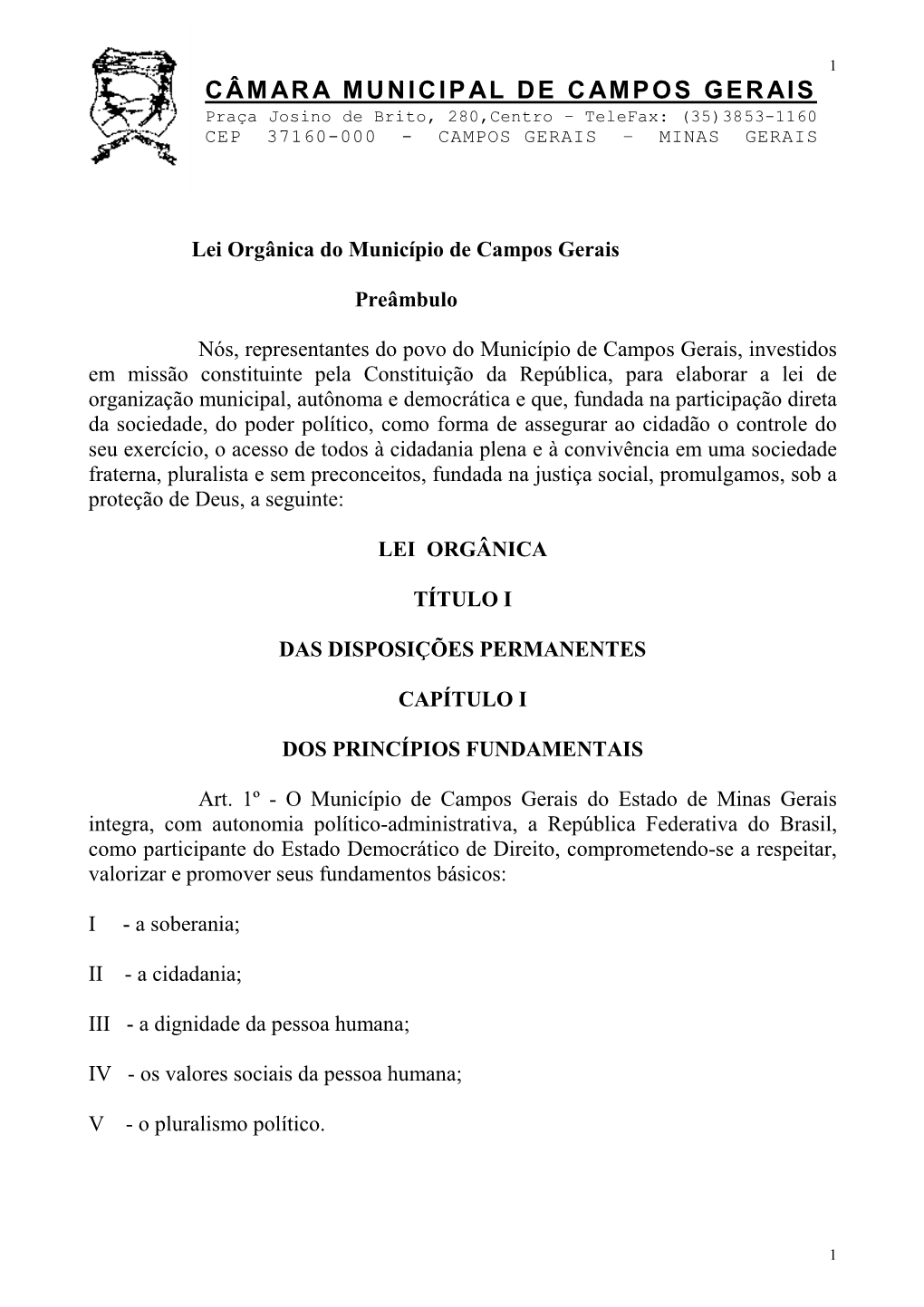 Lei Orgânica Do Município De Campos Gerais