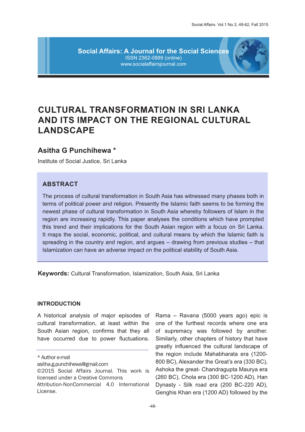 Cultural Transformation in Sri Lanka and Its Impact on the Regional Cultural Landscape