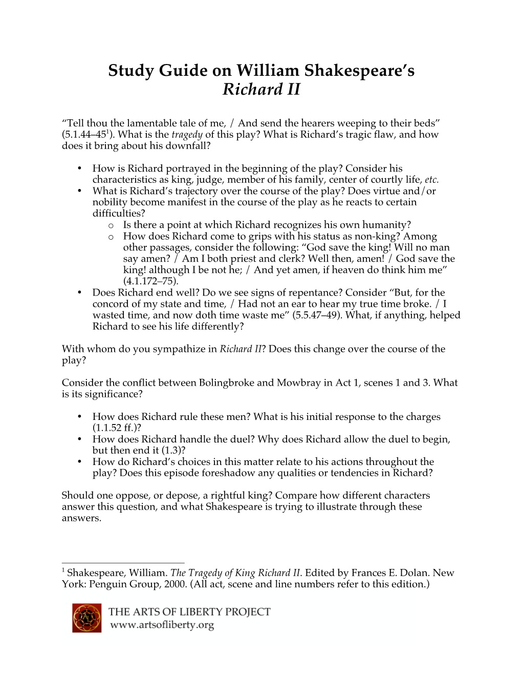 Study Guide on William Shakespeare's Richard II