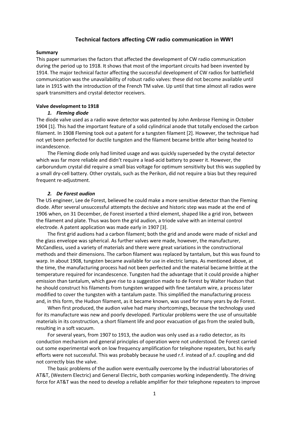 Technical Factors Affecting CW Radio Communication in WW1 Summary