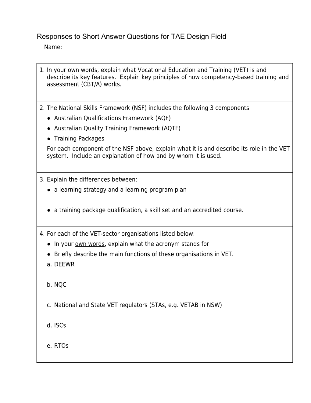 Responses to Short Answer Questions for TAE Design Field