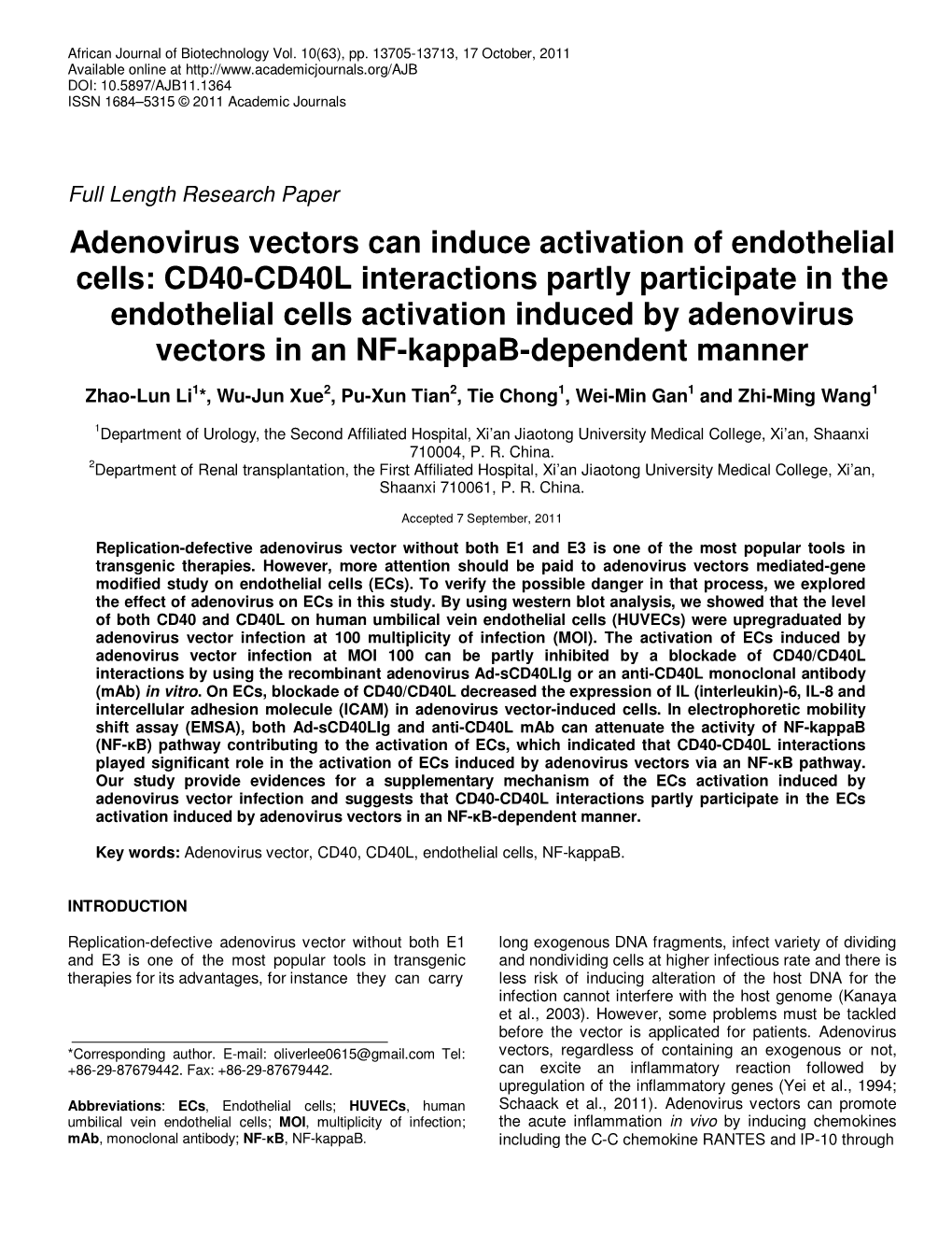 CD40-CD40L Interactions Partly Participate in the Endothelial Cells Activation Induced by Adenovirus Vectors in an NF-Kappab-Dependent Manner