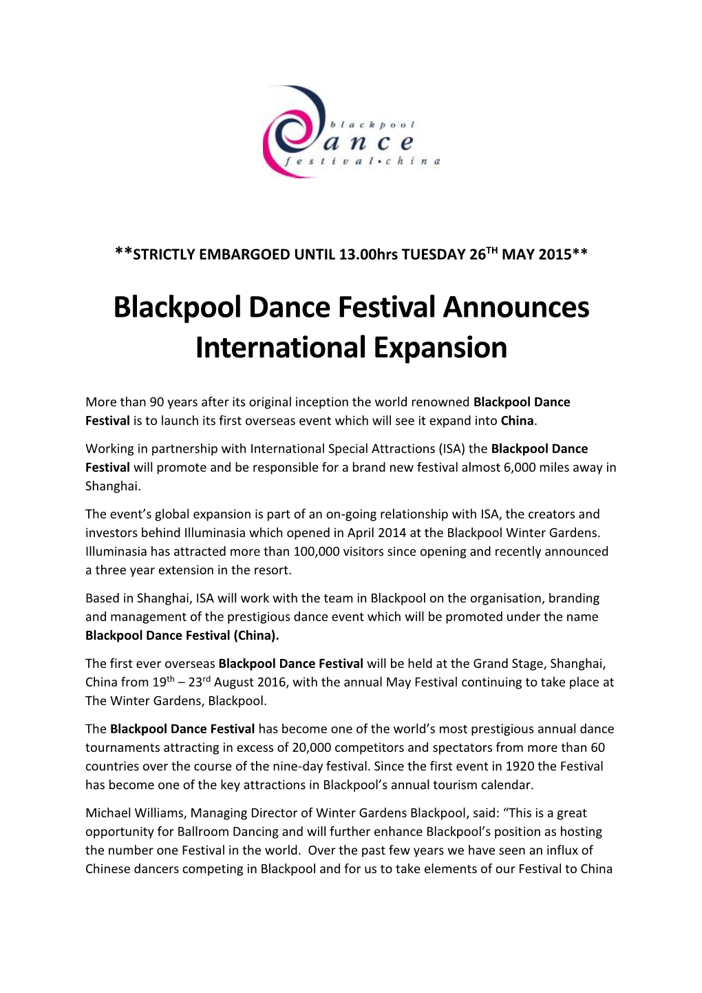 Blackpool Dance Festival Announces International Expansion